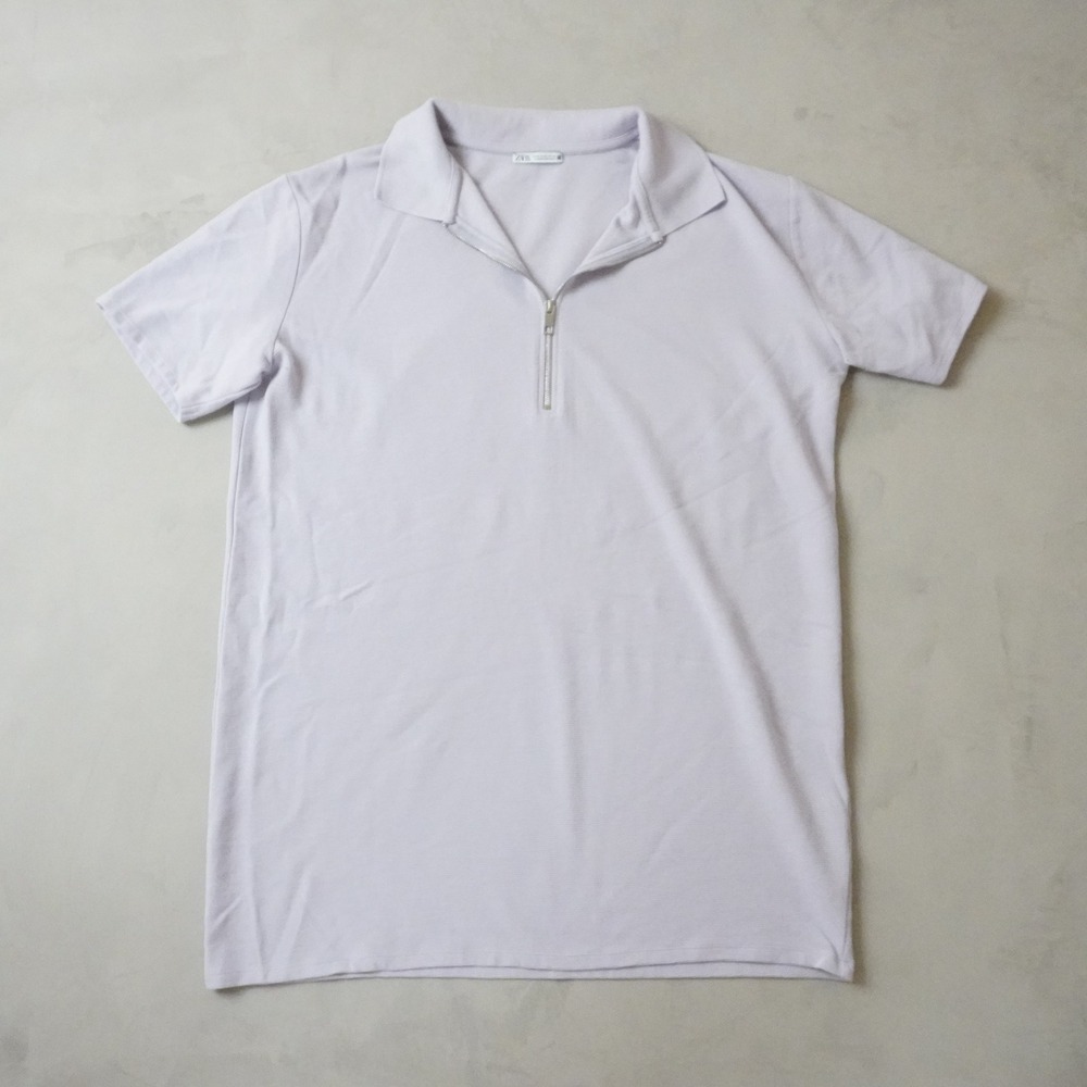 Zara Quarter Zip Polo Shirt XL Mens Lavender Ribbed Knit Short Sleeve